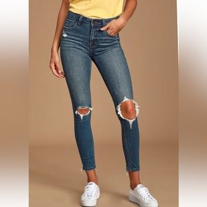Lulu’s Eunina Clara Dark Wash High Rise Distressed Cropped Skinny Jeans